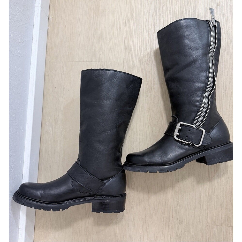 Frye Samantha Zip Tall Black Leather Moto Boots Size 7B Buckle Lug Soles - Picture 7 of 7